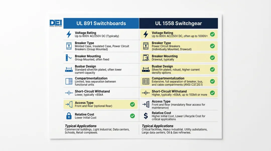 UL 891 switchboard versus UL 1558 switchgear side-by-side specification comparison infographic