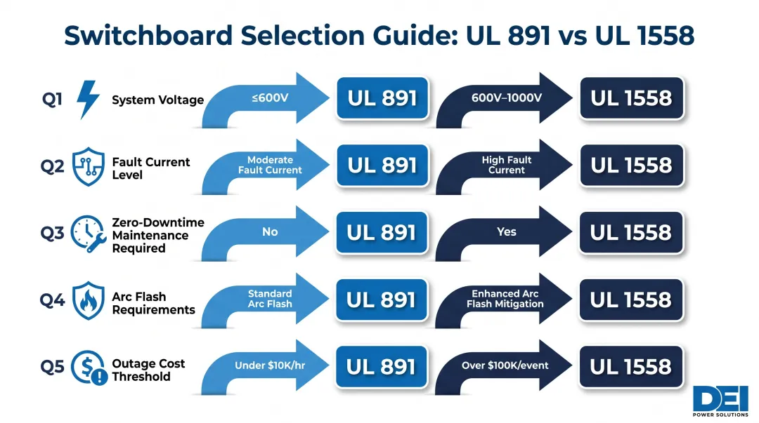 5-question decision framework for choosing UL 891 switchboard versus UL 1558 switchgear