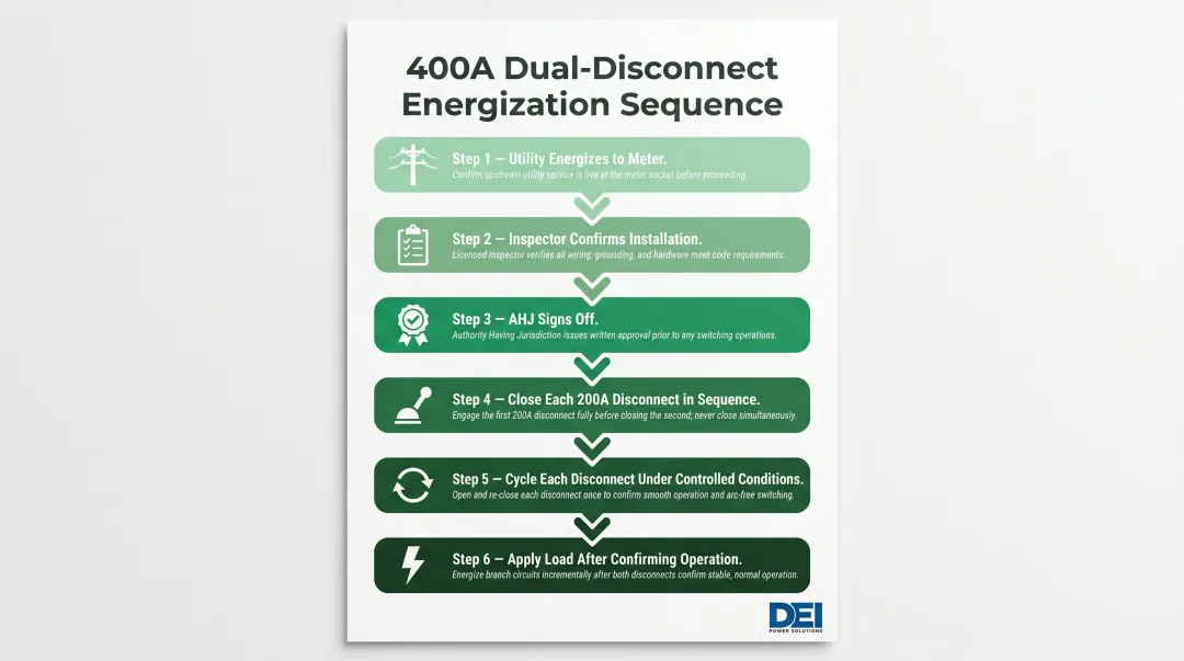 6-step 400 amp service energization sequence from utility to load application
