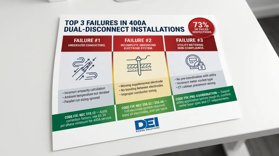 Top three 400 amp dual-disconnect installation failure causes and code fixes