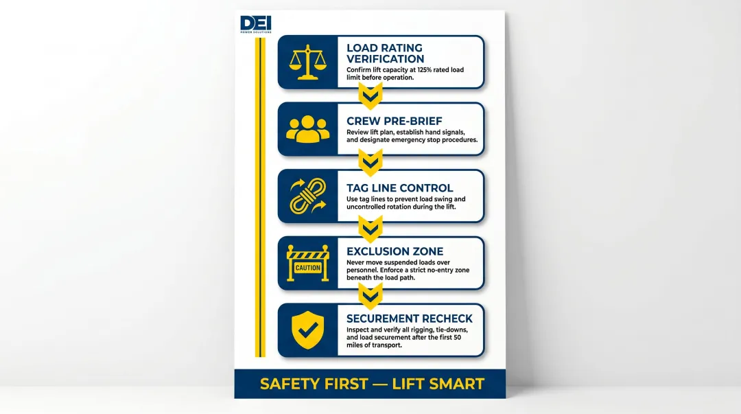 5-step crane and forklift safety procedure for lifting heavy electrical switchgear equipment