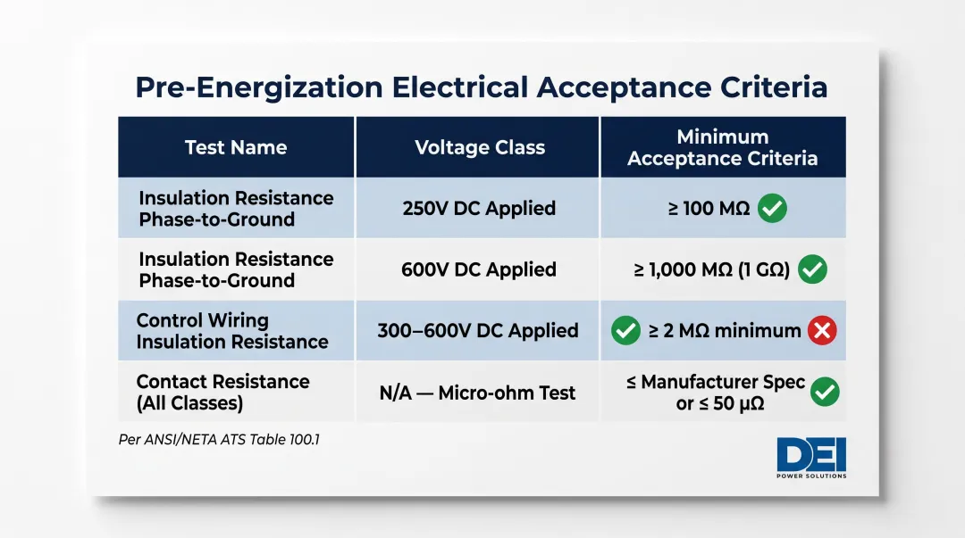 NETA ATS pre-energization electrical test standards voltage classes and minimum acceptance criteria