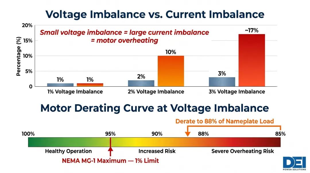 Voltage imbalance versus current imbalance and motor derating factor comparison chart