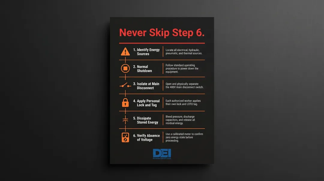 Six-step lockout tagout LOTO sequence for 480V electrical equipment safety