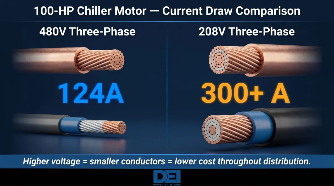 480V versus 208V three-phase current comparison for 100HP chiller motor