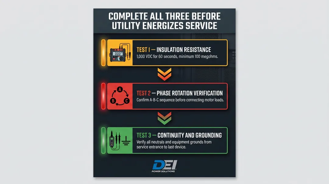 Three mandatory pre-energization tests for 480V commercial service installation