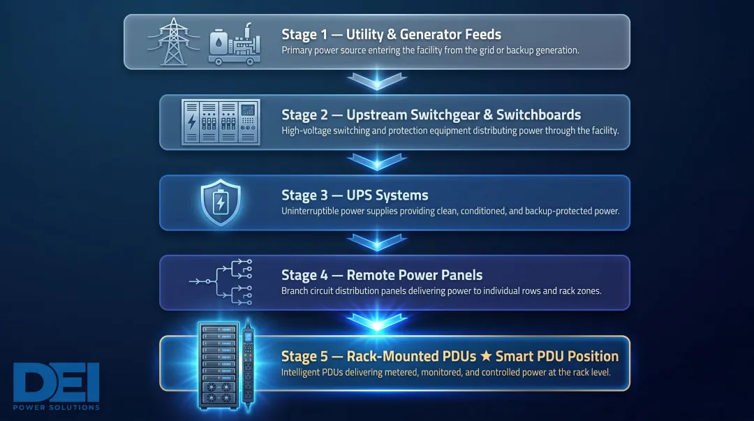5-tier data center power distribution chain from utility to rack PDU