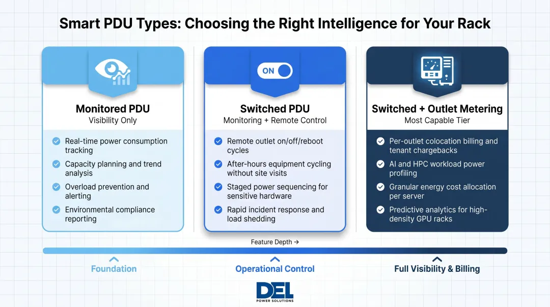 Three smart PDU types comparison monitored switched and outlet metered capabilities
