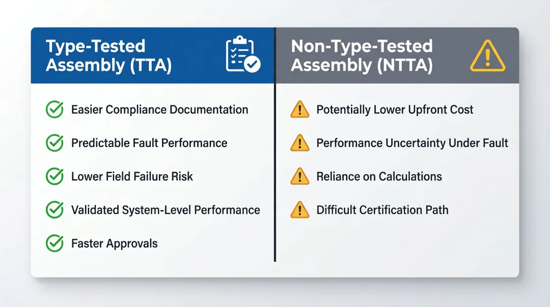 Type-tested versus non-type-tested switchgear assembly key differences comparison infographic