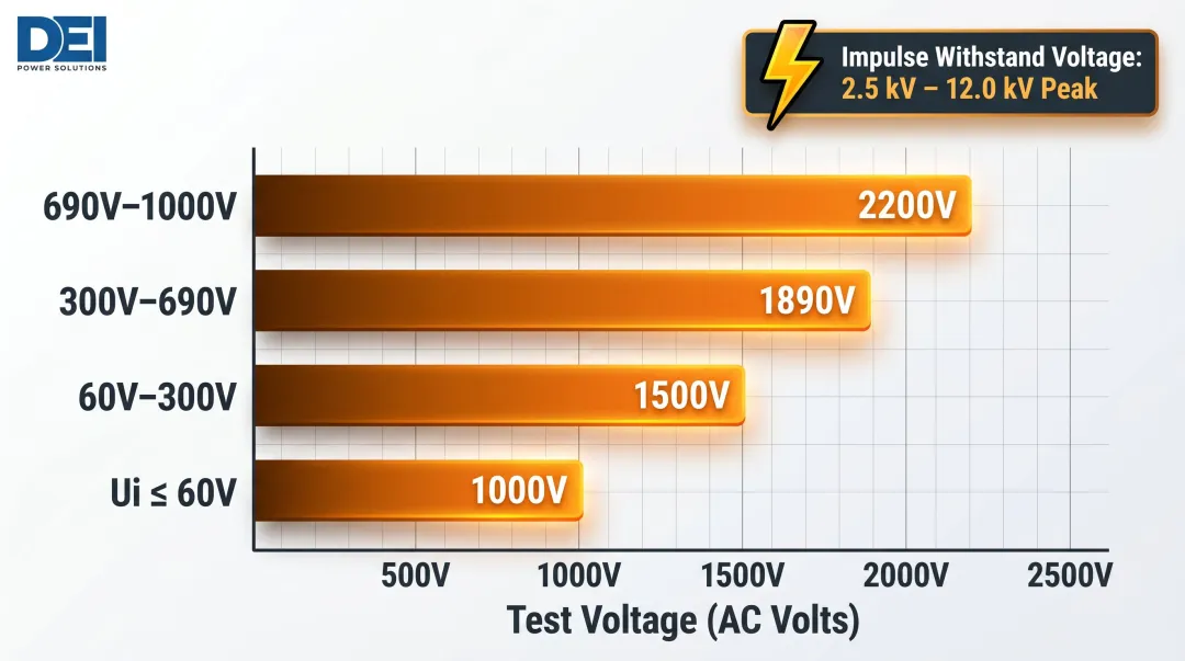 Dielectric withstand voltage test levels by rated insulation voltage breakdown chart