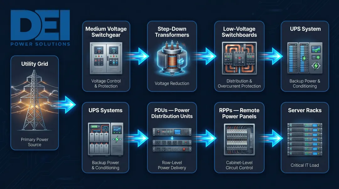 Data center power distribution chain from utility grid to server rack