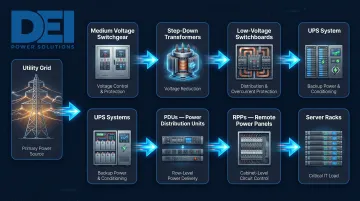 Data center power distribution chain from utility grid to server rack