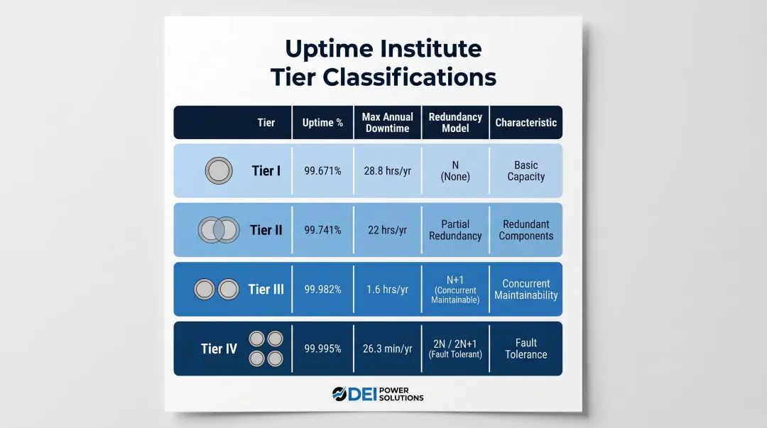 Uptime Institute four-tier data center redundancy classification uptime and downtime comparison