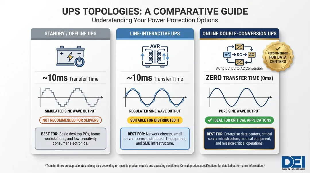 Three UPS topology comparison standby line-interactive and online double-conversion