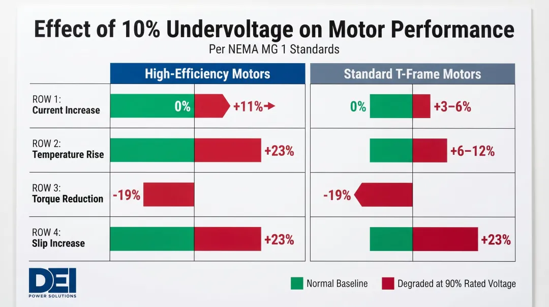 NEMA MG1 motor performance degradation at 90 percent rated voltage data infographic