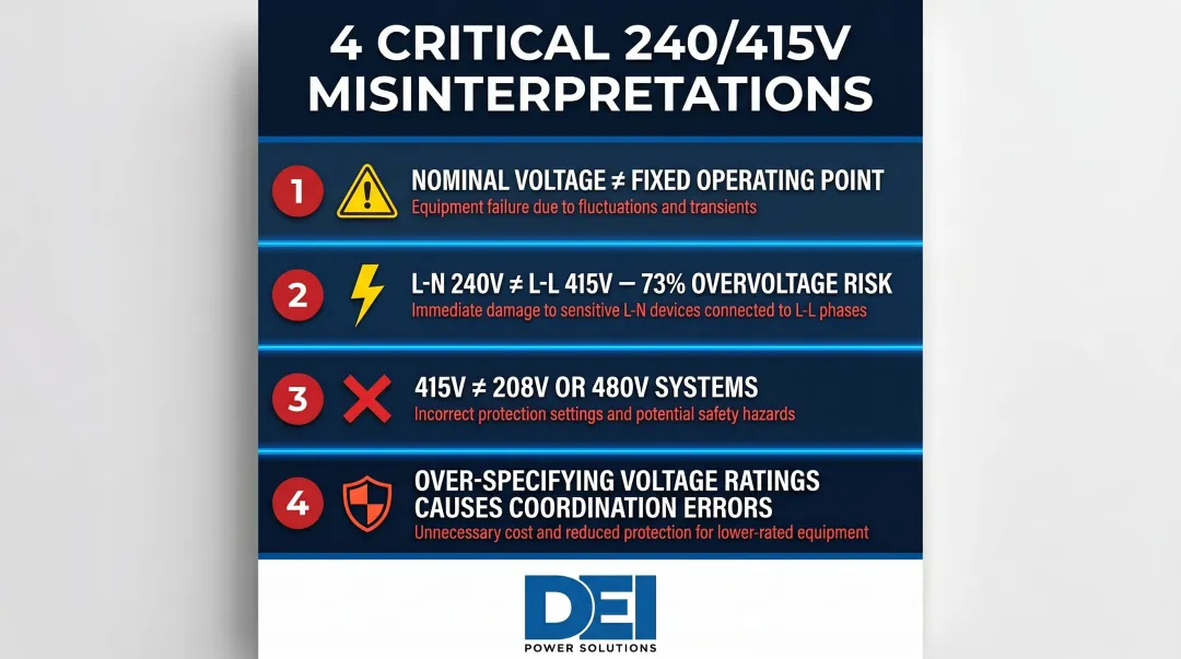 Four common 240/415V system misinterpretations and specification errors infographic