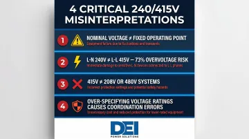 Four common 240/415V system misinterpretations and specification errors infographic