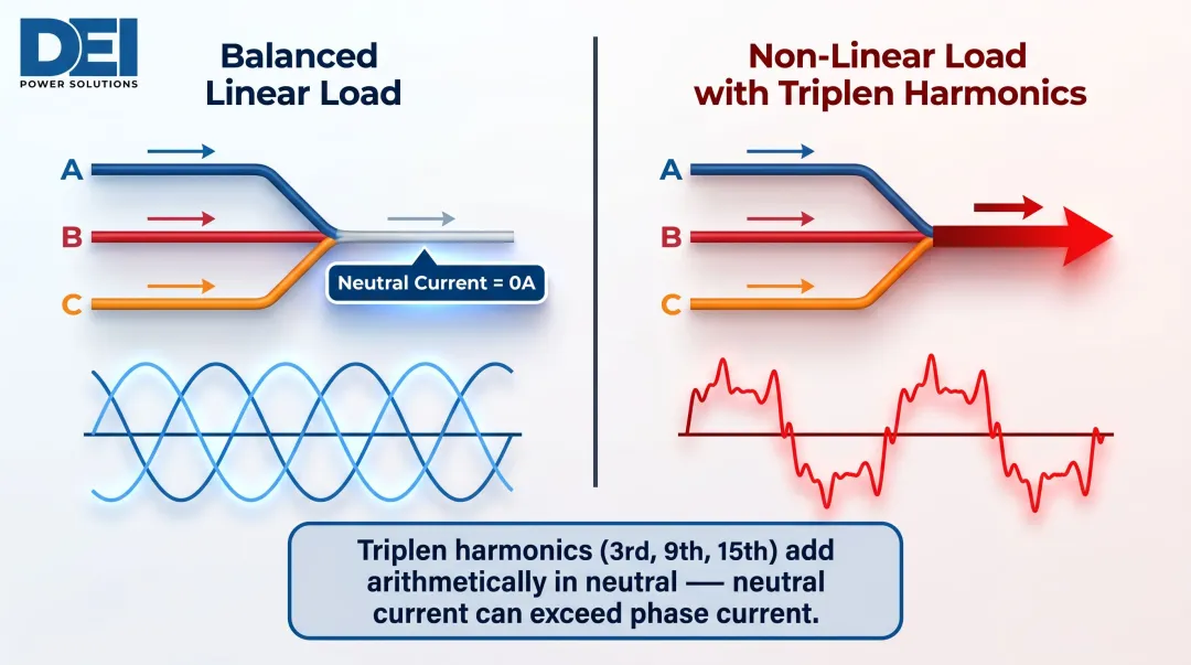 Triplen harmonic neutral current accumulation in four-wire Wye system diagram