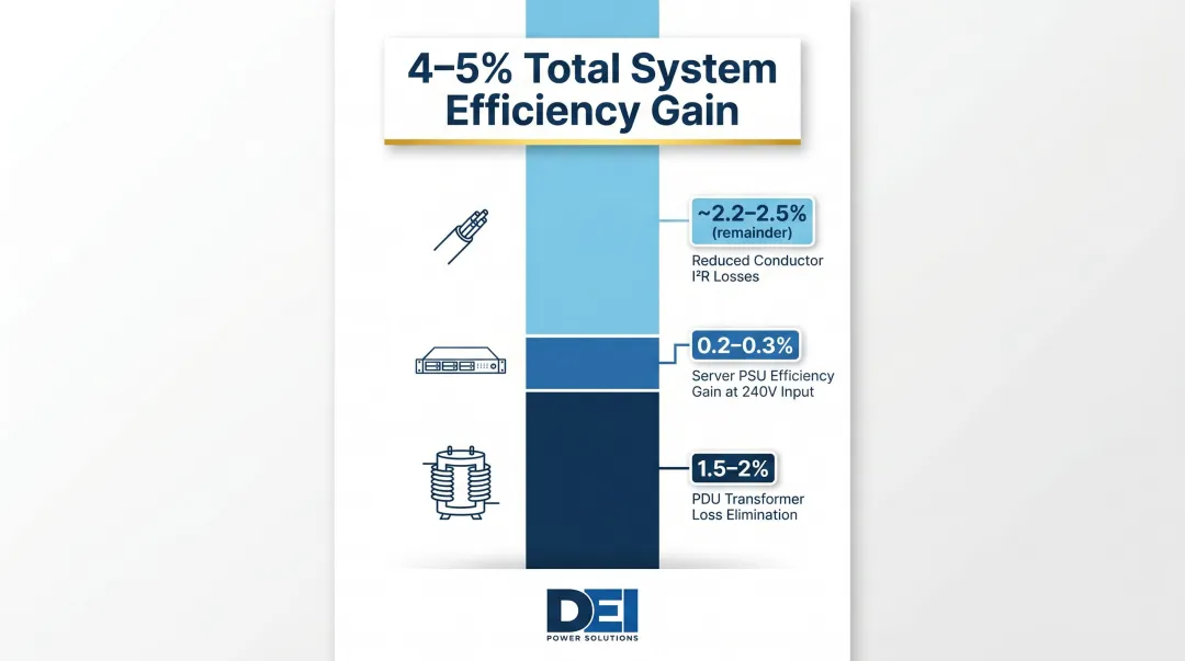415V versus 208V data center power distribution efficiency gains breakdown infographic