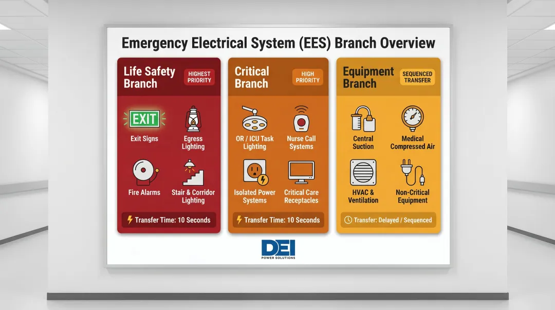 NFPA 99 essential electrical system three-branch comparison chart with transfer times