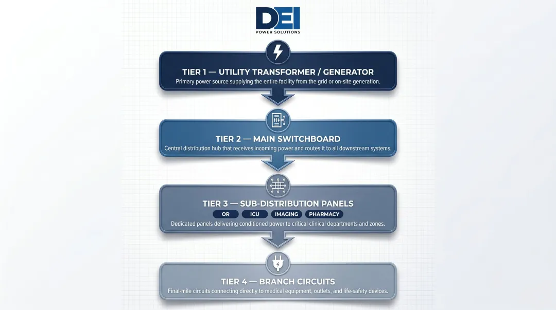 Hospital electrical power hierarchy four-tier flow from utility to branch circuits