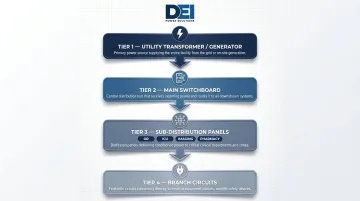 Hospital electrical power hierarchy four-tier flow from utility to branch circuits