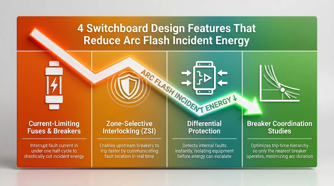 Four arc flash risk reduction features for hospital switchboard design infographic
