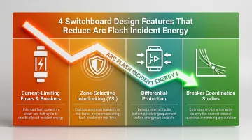 Four arc flash risk reduction features for hospital switchboard design infographic