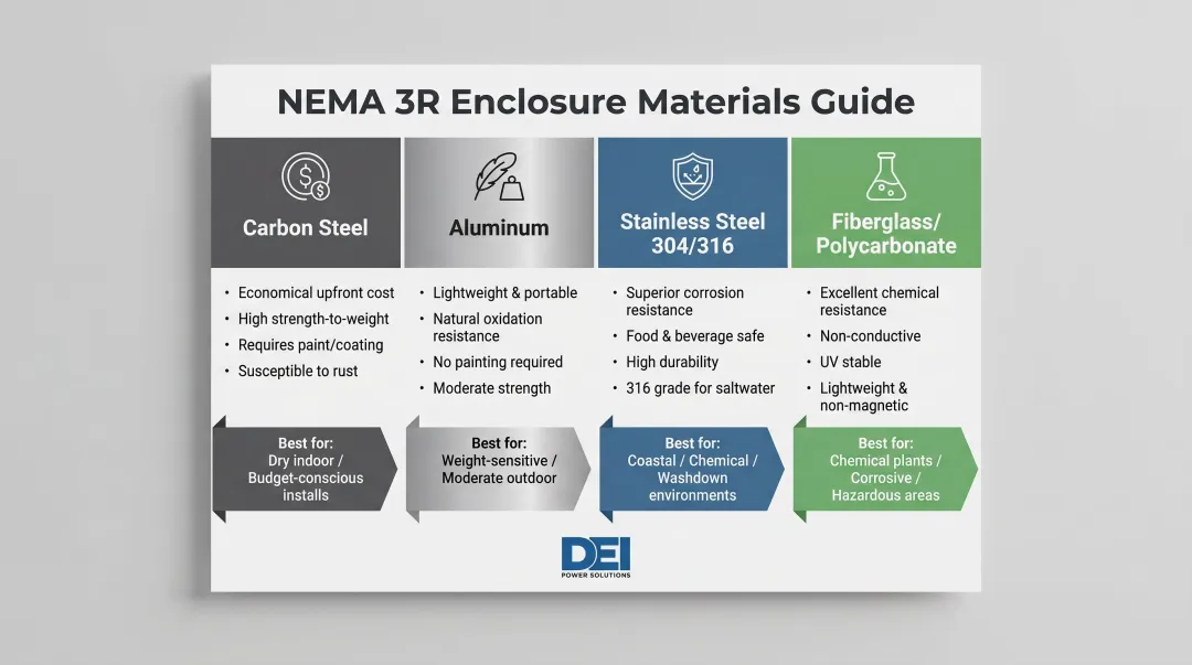 NEMA 3R enclosure material selection guide comparing steel aluminum stainless fiberglass