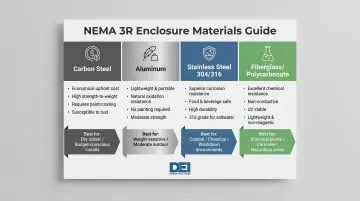 NEMA 3R enclosure material selection guide comparing steel aluminum stainless fiberglass
