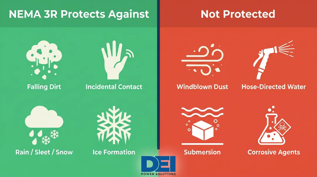 NEMA 3R protection coverage versus exclusions comparison infographic