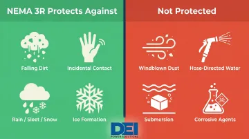 NEMA 3R protection coverage versus exclusions comparison infographic