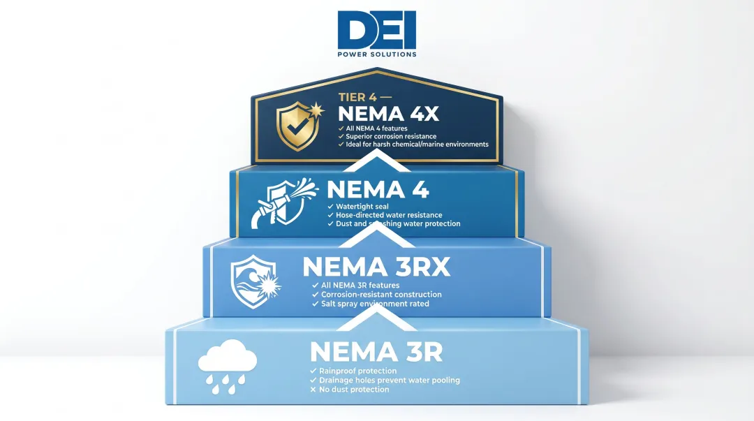 NEMA 3R versus 3RX 4 and 4X rating comparison ladder infographic