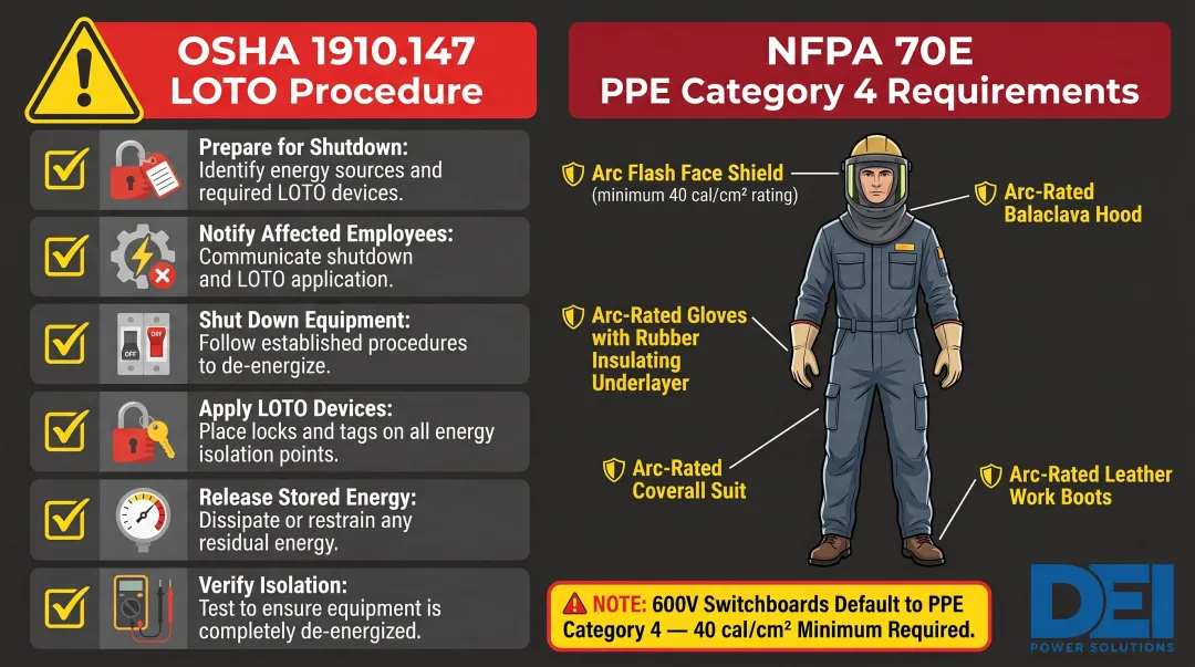 NFPA 70E arc flash PPE categories and LOTO requirements for switchboard work