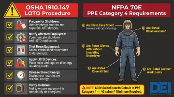 NFPA 70E arc flash PPE categories and LOTO requirements for switchboard work