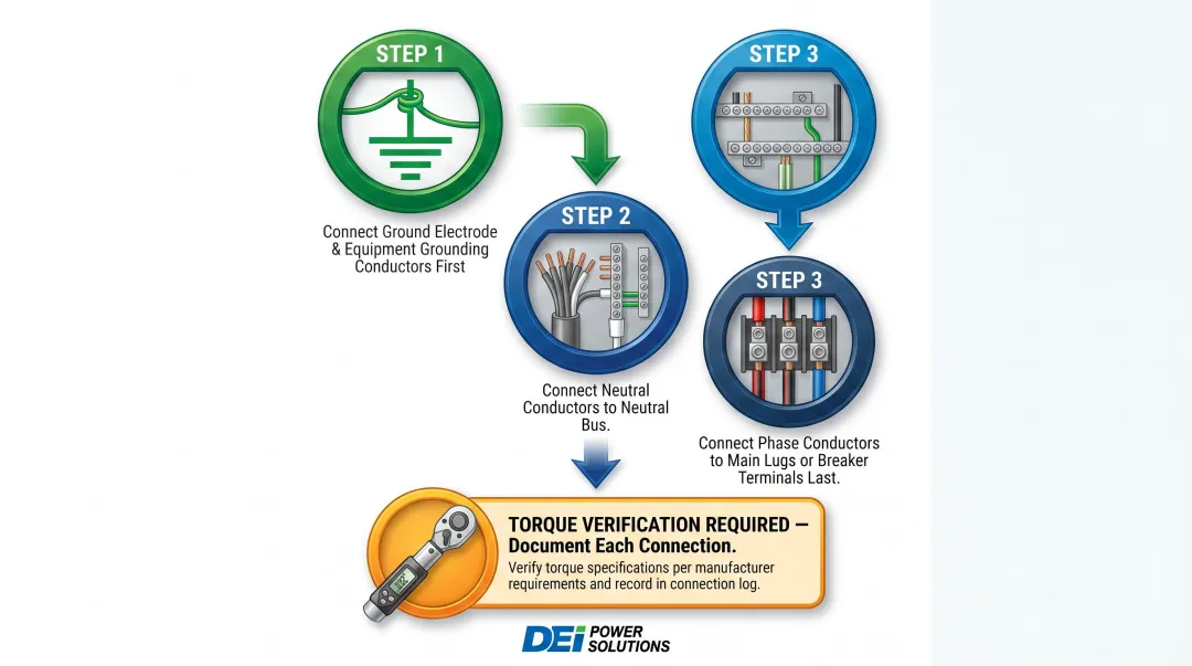 Bus conductor termination sequence and torque specification steps for switchboard installation