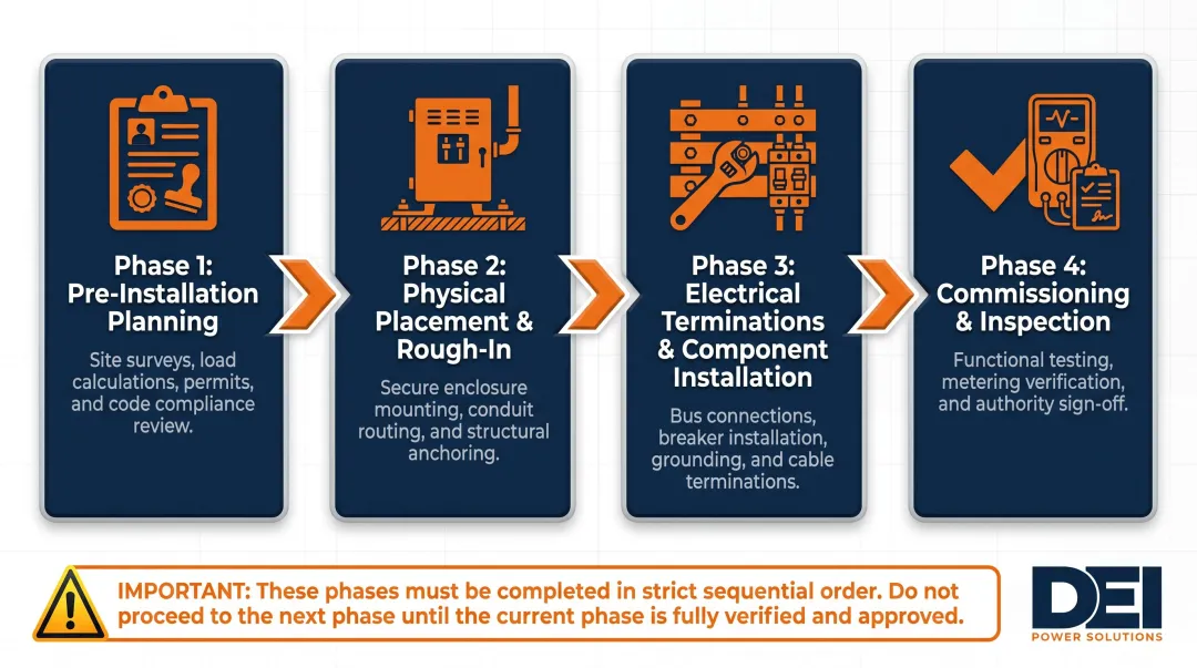 4-phase commercial switchboard installation process flow diagram overview