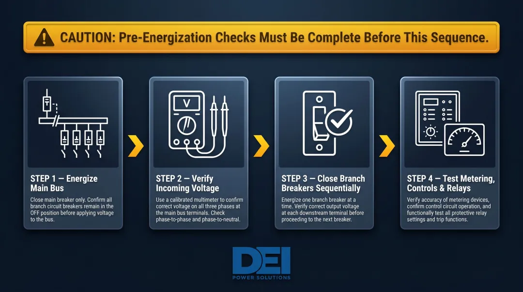 4-step controlled switchboard energization sequence for safe commissioning procedure