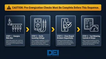 4-step controlled switchboard energization sequence for safe commissioning procedure