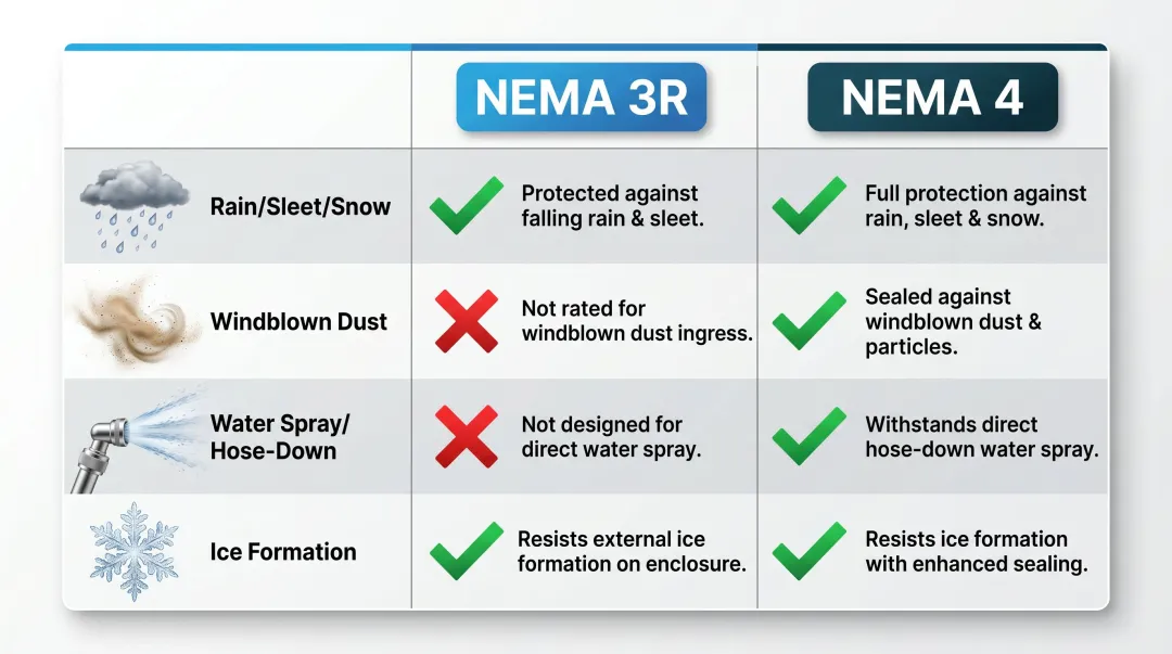 NEMA 3R versus NEMA 4 enclosure protection comparison chart four categories