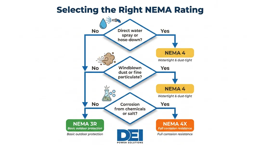 NEMA enclosure selection decision flowchart three environmental questions guide