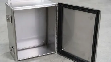 Industrial NEMA 4 enclosure with continuous gasket seal closed on factory wall