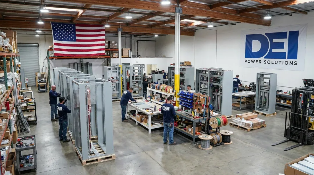 DEI Power switchboard manufacturing facility showing custom-built electrical distribution assemblies