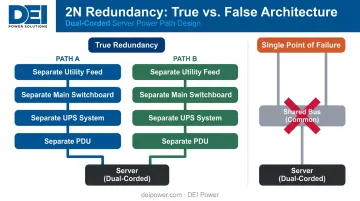 2N dual-corded server redundancy architecture showing four independent power path layers