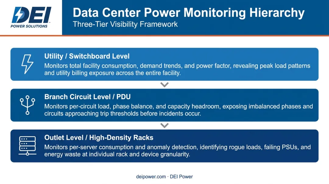 Three-tier data center power monitoring stack from utility to outlet level
