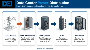 Data center power distribution chain from utility grid to server rack