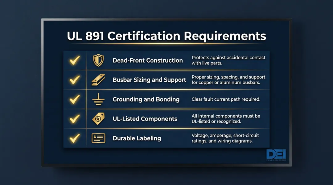 UL 891 switchboard certification five key compliance requirements checklist infographic
