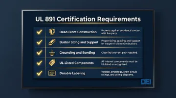 UL 891 switchboard certification five key compliance requirements checklist infographic
