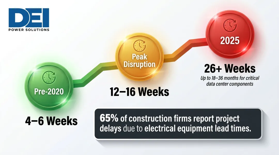 Switchboard lead time escalation timeline from 4 weeks pre-2020 to 26 plus weeks 2025