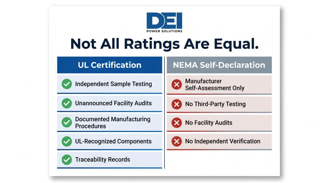 UL certification versus NEMA self-declaration key differences comparison infographic